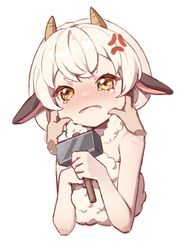  1other anger_vein animal_ears bare_shoulders blush brown_eyes cheek_pinching cropped_torso disembodied_hand eyebrows_hidden_by_hair female hammer holding holding_hammer horns konbu_(hida123) lamball looking_at_viewer nose_blush palworld personification pinching sheep_ears sheep_girl sheep_horns simple_background solo_focus tears thick_eyebrows upper_body white_background white_hair 