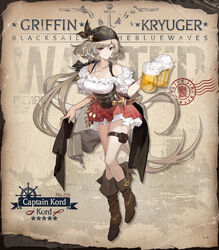  alcohol anchor_ornament bandana beer beer_mug black_bandana black_ribbon boots breasts brown_corset brown_footwear brown_hair character_name closed_mouth commentary copyright_name corset cup dagger dirndl english_commentary female full_body german_clothes girls&#039;_frontline hair_ribbon high_heel_boots high_heels highres holding holding_cup jewelry knife kord_(captain_kord)_(girls&#039;_frontline) kord_(girls&#039;_frontline) large_breasts light_brown_hair long_hair looking_at_viewer mug necklace off-shoulder_shirt off_shoulder official_alternate_costume official_art plaid plaid_skirt poster_(object) pouch red_eyes red_skirt ribbon second-party_source sheath shirt skirt smile solo stamp_mark standing star_(symbol) thigh_pouch umo_(mica_team) very_long_hair wanted weapon 