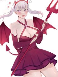  alternate_costume anger_vein artist_name black_clover blush breasts cleavage demon_horns demon_tail demon_wings dress earrings fake_horns fake_tail fake_wings female grey_hair highres holding holding_pitchfork horns jewelry large_breasts long_hair looking_at_viewer noelle_silva open_mouth pitchfork purple_eyes red_dress rizaavana simple_background solo spoken_anger_vein tail twintails white_background wings 