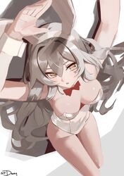  absurdres animal_ears arms_behind_head bare_legs bare_shoulders bow bowtie breasts breasts_apart detached_collar fake_animal_ears feet_out_of_frame female from_above grey_eyes grey_hair hair_between_eyes highleg highleg_leotard highres honkai:_star_rail honkai_(series) large_breasts legs_together leotard long_hair looking_at_viewer lying ntdanny on_back playboy_bunny rabbit_ears red_bow red_bowtie sidelocks signature simple_background solo stelle_(honkai:_star_rail) strapless strapless_leotard thigh_gap thighs trailblazer_(honkai:_star_rail) white_background white_leotard white_wrist_cuffs wrist_cuffs 