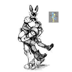  1:1 2024 american_opossum anthro armor bethesda_softworks big_breasts black_and_white breasts carrying_another carrying_partner cleavage clothed clothing didelphid duo fallout female female/female head_between_breasts hi_res hladilnik lagomorph leporid looking_at_viewer machine mammal marsupial marylin_(hladilnik) monochrome power_armor pro_bun_(hladilnik) rabbit raider_(fallout) shoulder_pads smug spiked_shoulder_pads spikes taller_lesbian_and_shorter_lesbian virginia_opossum 