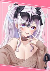  :d azur_lane bare_shoulders black_bow black_hair blush bow bra_strap breasts brown_sweater cleavage commentary_request elbe_(azur_lane) elbe_(pure-hearted_bad_girl)_(azur_lane) eyewear_on_head female hair_between_eyes hairbow highres konparu_uran large_breasts long_hair long_sleeves looking_at_viewer multicolored_hair nail_polish off-shoulder_sweater off_shoulder official_alternate_costume open_mouth pink_background red_nails smile solo streaked_hair sunglasses sweater two_side_up upper_body very_long_hair white_hair 