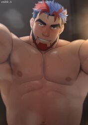  1boy arm_support armpit_hair armpit_hair_peek artist_name bara black_hair blue_hair blurry blurry_background blush chinstrap_beard crave_saga earrings grin jewelry large_pectorals looking_at_viewer male_focus masa_(mshk_s) mature_male multicolored_hair muscular muscular_male nipples pectorals red_hair short_hair single_earring smile solo steaming_body sweat tesoro_(crave_saga) thick_eyebrows topless_male two-tone_beard 