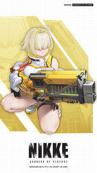  :3 ahoge artist_request blonde_hair boomstick_(nikke) breasts closed_mouth colored_inner_hair doom_(series) elegg_(nikke) fang_out female full_body goddess_of_victory:_nikke grid_background gun hair_intakes hair_over_eyes highres holding holding_gun holding_weapon jacket jam_(nandade) large_breasts medium_hair multicolored_hair oerba_yun_fang official_art shoes shorts smile sneakers solo squatting thick_thighs thigh_strap thighs weapon white_footwear white_jacket 