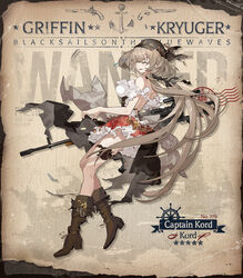  anchor_ornament bandana black_bandana black_ribbon blush boots breasts broken_necklace brown_corset brown_footwear brown_hair character_name closed_eyes commentary copyright_name corset dagger dirndl english_commentary female full_body german_clothes girls&#039;_frontline hair_ribbon high_heel_boots high_heels highres jewelry knife kord_(captain_kord)_(girls&#039;_frontline) kord_(girls&#039;_frontline) kord_6p50 large_breasts light_brown_hair long_hair necklace off-shoulder_shirt off_shoulder official_alternate_costume official_art plaid plaid_skirt poster_(object) pouch red_skirt ribbon second-party_source sheath shirt skirt smile solo stamp_mark star_(symbol) thigh_pouch tongue tongue_out torn_bag torn_bandana torn_clothes torn_corset torn_footwear torn_skirt umo_(mica_team) very_long_hair wanted weapon 