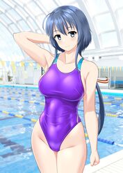  absurdres ahoge arm_behind_head blue_hair breasts collarbone commentary_request competition_swimsuit covered_navel cowboy_shot female green_eyes highleg highleg_swimsuit highres indoors large_breasts long_hair low_ponytail one-piece_swimsuit pool poolside purple_one-piece_swimsuit setouchi_chie solo standing string_of_flags swimsuit takafumi toji_no_miko two-tone_swimsuit variant_set 