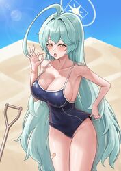  absurdres abydos_high_school_swimsuit ahoge bare_arms bare_legs bare_shoulders black_one-piece_swimsuit blue_archive blush breasts cleavage collarbone cowboy_shot day desert female fingernails green_hair groin halo highres huge_ahoge huge_breasts ilbanseomin long_hair looking_at_viewer md5_mismatch one-piece_swimsuit open_mouth outdoors school_swimsuit solo swimsuit tongue tongue_out very_long_hair yellow_eyes yellow_halo yume_(blue_archive) 