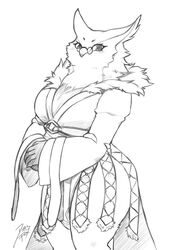  2024 anthro avian bird cheek_tuft clothing diasfox dress eyewear facial_tuft female glasses looking_at_viewer monochrome owl ramona_(unicorn_overlord) signature solo thick_thighs tuft unicorn_overlord vanillaware 