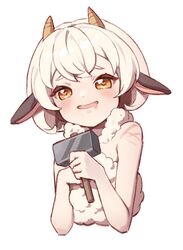  animal_ears bare_shoulders blush brown_eyes cropped_torso drooling eyebrows_hidden_by_hair female hammer heart heart-shaped_pupils holding holding_hammer horns konbu_(hida123) lamball looking_at_viewer mouth_drool open_mouth palworld personification sheep_ears sheep_girl sheep_horns simple_background smile solo symbol-shaped_pupils thick_eyebrows upper_body white_background white_hair 