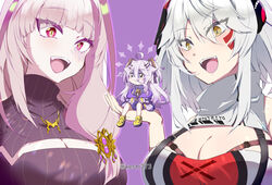  3girls ahoge arthropod_girl blush breasts chibi cleavage cleavage_cutout clothing_cutout cockroach_girl crocs dress gradient_hair grey_hair hair_between_eyes hair_ornament hair_ribbon hairpin henya_the_genius henya_the_genius_(1st_costume) highres jacket keshi273 large_breasts long_bangs long_hair matara_kan matara_kan_(casual) mole mole_on_breast monster_girl multicolored_hair multiple_girls open_mouth pink_hair purple_background purple_dress purple_hair purple_jacket purple_ribbon purple_sweater red_eyes ribbon sidelocks small_breasts smile sweater teeth turtleneck turtleneck_sweater upper_teeth_only very_long_hair virtual_youtuber vshojo yellow_eyes yellow_footwear zentreya zentreya_(cyborg) zentreya_(cyborg)_(2nd_costume) 