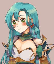  aqua_hair armor bow braid breastplate breasts chloe_(fire_emblem) cleavage female fire_emblem fire_emblem_engage green_eyes highres large_breasts orange_bow shoulder_armor side_braid solo upper_body vianchiel 