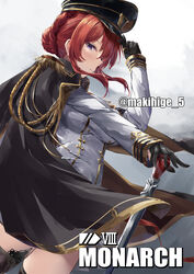  absurdres aiguillette artist_name azur_lane black_cape black_gloves black_hat braid breasts cape character_name commentary_request cowboy_shot crown_braid epaulettes female from_side gem gloves half_gloves hand_on_cane hat highres jacket large_breasts long_hair long_sleeves looking_at_viewer makihige monarch_(azur_lane) peaked_cap purple_eyes red_gemstone red_hair solo white_jacket world_of_warships 