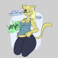  1:1 anthro ardene_marquet belly bottomwear breasts clothed clothing dialogue domestic_cat english_text felid feline felis female hair hi_res leggings legwear mammal midriff onomatopoeia pahtra pants rumbling_stomach sinfullapis sound_effects text topwear 