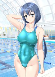  absurdres ahoge aqua_one-piece_swimsuit arm_behind_head blue_hair breasts collarbone commentary_request competition_swimsuit covered_navel cowboy_shot female green_eyes highleg highleg_swimsuit highres indoors large_breasts long_hair low_ponytail one-piece_swimsuit pool poolside setouchi_chie solo standing string_of_flags swimsuit takafumi toji_no_miko two-tone_swimsuit variant_set 