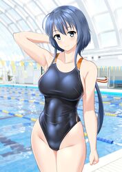  absurdres ahoge arm_behind_head black_one-piece_swimsuit blue_hair breasts collarbone commentary_request competition_swimsuit covered_navel cowboy_shot female highleg highleg_swimsuit highres indoors large_breasts long_hair low_ponytail one-piece_swimsuit pool poolside setouchi_chie solo standing string_of_flags swimsuit takafumi toji_no_miko two-tone_swimsuit variant_set 