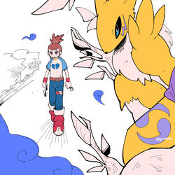  1:1 2023 3_fingers ambiguous_gender anthro armwear bandai_namco belt black_nose black_sclera blue_eyes bridal_gauntlets canid clothed clothing digimon digimon_(species) female fingers fur holding_object human mammal pg_enaena plant renamon rika_nonaka simple_background sitting tree tuft white_body white_fur yellow_body yellow_fur 