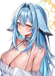  absurdres armpit_crease bare_shoulders blue_hair blush bow bowtie breasts cleavage closed_mouth collarbone commentary crossed_bangs english_commentary female hair_between_eyes hair_intakes halo head_wings highres huge_breasts kamila_(yuniiho) looking_at_viewer off_shoulder original simple_background skindentation smile solo upper_body white_background wings yellow_eyes yellow_halo yuniiho 