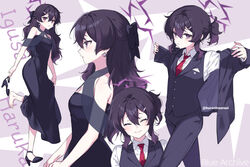  ^_^ alternate_costume bare_shoulders black_coat black_dress black_hair black_vest blue_archive butler character_name closed_eyes closed_mouth coat commentary dress earrings english_commentary facing_viewer female female_butler half_updo halo haruka_(blue_archive) haruka_(dress)_(blue_archive) haruka_(suit)_(blue_archive) jewelry kuroninsensei long_hair long_sleeves looking_at_viewer multiple_views necktie off_shoulder official_alternate_costume official_alternate_hairstyle open_mouth purple_eyes purple_halo red_necktie shirt short_hair vest wavy_hair white_shirt 