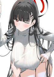  amy_016 black_hair blue_archive blush breasts bright_pupils covered_nipples female grabbing grabbing_another&#039;s_breast hair_ornament hairclip halo holding_sweater large_breasts long_hair looking_at_viewer one_eye_closed red_eyes rio_(blue_archive) simple_background sweat sweater thighs turtleneck white_background white_pupils 