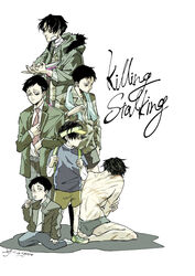  6+boys age_progression aged_down backpack bag blood blood_on_knife copyright_name holding holding_knife holding_spoon killing_stalking knife lolicon male_focus male_underwear military_uniform multiple_boys multiple_scars nejieeeee pink_blood scar scar_on_back scar_on_leg school_uniform self-harm shorts spoon topless_male towel towel_around_neck underwear uniform visor_cap welts wrist_cutting yoon_bum 