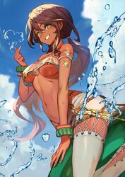  andromeda_(fate) andromeda_(second_ascension)_(fate) bandeau bare_shoulders beach bikini bikini_under_clothes blue_sky blush bracelet braid breasts brown_hair chains cleavage criss-cross_halter cross-laced_clothes crown_braid dark-skinned_female dark_skin denim fate/grand_order fate_(series) female finger_heart green_eyes grey_pants grin hair_between_eyes hair_ornament halterneck heart highleg highleg_bikini highres hydrokinesis jeans jewelry lack large_breasts long_hair looking_at_viewer low_ponytail multicolored_bikini multicolored_clothes navel pants rainbow_bikini see-through sidelocks sky smile solo swimsuit thighs underboob water 