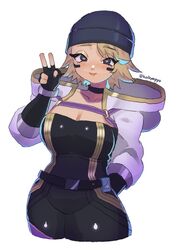  animification apex_legends beanie belt black_belt black_gloves blonde_hair blue_eyes blue_hat blush breasts cleavage collarbone cowboy_shot electric_incognito_wattson female fingerless_gloves gloves hat heart heart-shaped_pupils highres hood hood_down hooded_jacket jacket kabiyapyo medium_breasts nessie_(respawn) short_hair smile solo symbol-shaped_pupils v wattson_(apex_legends) white_background white_jacket 