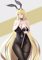  absurdres animal_ears azur_lane black_leotard blonde_hair blue_eyes blush breasts cane cleavage clothing_cutout collarbone dido_(magicc) fake_animal_ears female hand_on_own_cheek hand_on_own_face highleg highleg_leotard highres holding holding_cane large_breasts leotard lipstick long_hair looking_at_viewer makeup nail_polish navel_cutout north_carolina_(azur_lane) north_carolina_(the_heart&#039;s_desire)_(azur_lane) official_alternate_costume pantyhose playboy_bunny rabbit_ears red_nails solo thigh_strap 