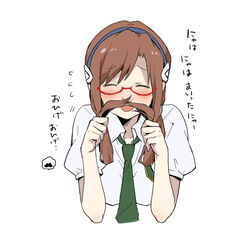  blush brown_hair check_translation closed_eyes commentary cropped_torso fake_facial_hair fake_mustache female flying_sweatdrops glasses green_necktie hair_mustache interface_headset makinami_mari_illustrious necktie neon_genesis_evangelion nori_senbei playing_with_hair playing_with_own_hair rebuild_of_evangelion red-framed_eyewear school_uniform semi-rimless_eyewear sidelocks smile solo swept_bangs translation_request under-rim_eyewear white_background 