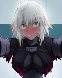  ahoge black_cape blonde_hair blush breasts cape chains clenched_teeth embarrassed fate/grand_order fate_(series) feather_trim female full-face_blush hasebe_akira highres jeanne_d&#039;arc_alter_(avenger)_(fate) jeanne_d&#039;arc_alter_(fate) kabedon looking_at_viewer medium_breasts solo sweatdrop tearing_up teeth yellow_eyes 