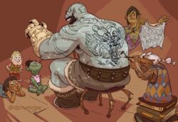  2boys 4girls armpit_hair armpit_hair_peek back back_tattoo bald bara beard blue_skin breaking character_request colored_skin critical_role dark-skinned_female dark_skin djcrumrine drawing dungeons_&amp;_dragons facial_hair female_orc from_behind gauntlets grog_strongjaw happy head_tattoo lolicon looking_at_another mature_male moustache multiple_boys multiple_girls muscular muscular_male old old_woman on_chair orc pectorals shorts sitting size_difference smile talking tattoo the_legend_of_vox_machina thick_eyebrows topless_male triceps tusks 