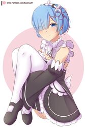  absurdres artist_name black_shorts blue_eyes blue_hair blunt_bangs detached_sleeves eyes_visible_through_hair female frilled_sleeves frills full_body hair_ornament hair_over_one_eye highres hugging_own_legs looking_at_viewer mary_janes patreon_username raion_(raionart) re:zero_kara_hajimeru_isekai_seikatsu rem_(re:zero) roswaal_mansion_maid_uniform shoes shorts simple_background smile solo thighhighs white_thighhighs wide_sleeves x_hair_ornament 