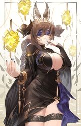  absurdres animal_ears black_dress black_nails blindfold breasts brown_hair cleavage_cutout clothing_cutout covered_eyes dress drill_hair drill_ponytail extra_ears female galleon_(granblue_fantasy) galleon_(life&#039;s_compassionate_observer)_(granblue_fantasy) granblue_fantasy hair_between_eyes highres horns large_breasts long_hair multicolored_hair nakonbu official_alternate_costume parted_lips pointy_ears purple_blindfold purple_hair solo streaked_hair thick_thighs thighs 