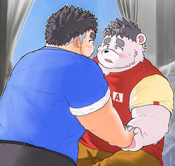  2021 absurd_res bear blush bodily_fluids bottomwear clothing duo fur hand_holding hi_res human inside kemono male male/male mammal overweight overweight_male pants sakisukem shirt sweat topwear white_body white_fur 