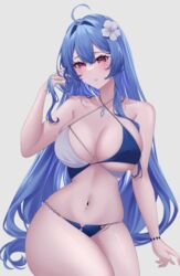  absurdres azur_lane bare_arms bare_shoulders bikini blue_hair breasts commentary_request female flower grey_background groin hair_flower hair_intakes hair_ornament hand_up helena_(azur_lane) helena_(shimmering_triangle_wave)_(azur_lane) highres large_breasts long_hair nanako94418108 navel official_alternate_costume purple_eyes revision simple_background sitting solo stomach swimsuit thighs very_long_hair white_flower 