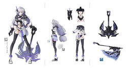  axe breasts cropped_jacket female from_behind from_side full_body fur_trim grey_eyes grey_hair highres holding holding_axe holding_weapon long_hair medium_breasts multiple_views navel original qiaogun_damodao reference_sheet scar shoes smile sneakers standing thighhighs torn_clothes torn_thighhighs weapon white_background 