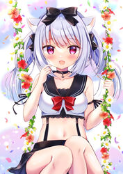  :d animal_ear_fluff animal_ears azur_lane bare_shoulders black_bow black_choker black_sailor_collar black_skirt blush bow breasts cat_ears choker collarbone commentary_request crop_top female flower grey_hair hairbow hands_up highres long_hair looking_at_viewer medium_breasts midriff miwa_uni navel open_mouth pleated_skirt red_eyes red_flower sailor_collar shirt skirt sleeveless sleeveless_shirt smile solo twintails white_flower white_shirt yukikaze_(azur_lane) 