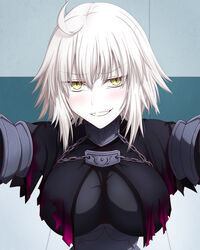  ahoge blonde_hair breasts capelet fate/grand_order fate_(series) female hasebe_akira highres jeanne_d&#039;arc_alter_(avenger)_(fate) jeanne_d&#039;arc_alter_(fate) kabedon light_blush looking_at_viewer short_hair smirk solo torn_capelet torn_clothes yellow_eyes 