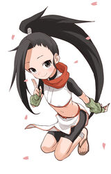  ankle_wrap black_eyes black_hair closed_mouth commentary_request female fingerless_gloves full_body gloves green_gloves highres kuji-in kunoichi_tsubaki_no_mune_no_uchi long_hair looking_at_viewer midriff navel ninja pelvic_curtain petals ponytail red_scarf scarf simple_background smile solo toes tsubaki_(kunoichi_tsubaki_no_mune_no_uchi) very_long_hair white_background yamamoto_souichirou 