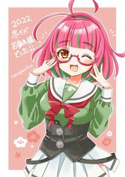  adjusting_eyewear blouse blush border bow bowtie cocoperino corset cowboy_shot female glasses green_hair green_shirt grey_sailor_collar grey_skirt juliet_sleeves kantai_collection long_sleeves looking_at_viewer multicolored_hair one_eye_closed open_mouth pink-framed_eyewear pink_background pink_hair ponytail puffy_sleeves red_bow red_eyes sailor_collar sailor_shirt shirt short_hair skirt smile solo streaked_hair ume_(kancolle) white_border 