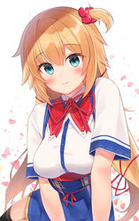  akai_haato akai_haato_(1st_costume) black_thighhighs blonde_hair blue_eyes blue_skirt blush breasts closed_mouth collared_shirt commentary_request female gyozanuko hair_between_eyes hair_ornament hair_ribbon heart heart_hair_ornament high-waist_skirt highres hololive long_hair looking_at_viewer medium_breasts neck_ribbon one_side_up red_ribbon ribbon shirt short_sleeves simple_background skirt smile solo striped striped_ribbon thighhighs very_long_hair virtual_youtuber white_background white_shirt 