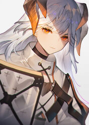  absurdres arknights coat commentary dragon_horns dutch_angle female grey_hair highres holding holding_shield horns long_hair looking_at_viewer nahonanaho orange_eyes portrait saria_(arknights) shield simple_background solo v-shaped_eyebrows white_background white_coat 