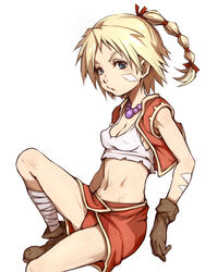  bandages blonde_hair blue_eyes breasts chrono_cross covered_nipples crop_top e10 facial_mark female gloves high_ponytail jewelry kid_(chrono_cross) long_hair looking_at_viewer midriff multi-tied_hair navel necklace panties ponytail simple_background skirt solo underwear vest white_background 