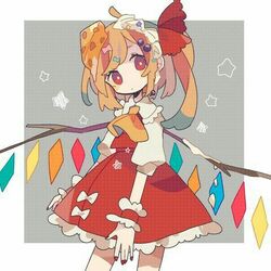  :d_(17812157) blonde_hair bow branch closed_mouth crystal dress female flandre_scarlet grey_background looking_at_viewer lowres red_bow red_dress red_eyes red_handwear red_ribbon ribbon short_sleeves simple_background solo square star_(symbol) touhou white_background yellow_neckwear 