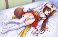  animal_ear_fluff animal_ears arm_up bare_shoulders bed bell blue_eyes blush brown_hair closed_mouth clothes_lift detached_sleeves female fox_ears fox_girl fox_tail full_body fundoshi groin hair_bell hair_between_eyes hair_ornament highres indoors iroha_(iroha_matsurika) japanese_clothes jingle_bell kimono long_hair long_sleeves looking_at_viewer lying no_shoes nontraditional_miko obi on_back on_bed original parted_bangs pillow pleated_skirt red_skirt ribbon-trimmed_sleeves ribbon-trimmed_thighhighs ribbon_trim sarashi sash skirt skirt_lift sleeveless sleeveless_kimono smile solo tabi tail thighhighs twitter_username very_long_hair white_kimono white_sleeves white_thighhighs wide_sleeves 