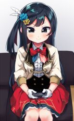  afterschool_school_idol_(love_live!) bad_id bad_pixiv_id black_eyes black_hair black_skirt blue_flower blush bow bowtie brown_jacket commentary_request controller feathers female flower frills gloves hair_between_eyes hair_flower hair_ornament holding holding_controller jacket joy-con long_hair love_live! love_live!_nijigasaki_high_school_idol_club love_live!_school_idol_festival_all_stars nintendo_switch one_side_up red_bow red_bowtie red_skirt shirt sitting skirt smile solo totoki86 white_feathers white_gloves white_shirt yellow_flower yuki_setsuna_(love_live!) 