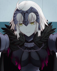  blonde_hair breasts cape chains fate/grand_order fate_(series) feather_trim female hasebe_akira headpiece highres jeanne_d&#039;arc_alter_(avenger)_(fate) jeanne_d&#039;arc_alter_(fate) kabedon looking_to_the_side medium_breasts short_hair solo upper_body yellow_eyes 