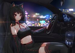  animal_ears artist_name black_hair black_skirt black_thighhighs black_tube_top blurry breasts car_interior commentary commission detached_sleeves english_commentary feet_out_of_frame female from_side highres ku-ini lanfear long_hair looking_at_viewer medium_breasts midriff miniskirt neck_ribbon night pencil_skirt red_eyes red_ribbon ribbon sitting skirt solo strapless thighhighs tube_top very_long_hair vrchat zettai_ryouiki 