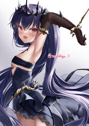  absurdres armpits arms_behind_head arms_up azur_lane black_dress black_gloves black_horns blush bound bound_wrists breasts crossed_bangs curled_horns dress elbow_gloves felix_schultz_(azur_lane) female frilled_dress frills from_side gloves gradient_background hair_between_eyes highres horns long_hair looking_at_viewer looking_to_the_side makihige oerba_yun_fang presenting_armpit purple_hair red_eyes revealing_clothes simple_background skin_fang small_breasts solo tiara twitter_username 