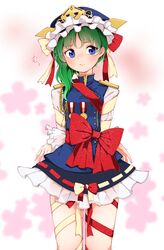  absurdres asymmetrical_hair blue_eyes bound bound_arms epaulettes female flat_chest floral_background green_hair hair_between_eyes hat highres kaisenpurin medal microskirt red_ribbon ribbon ribbon-trimmed_skirt ribbon_trim shiki_eiki short_hair skirt solo touhou white_ribbon white_sleeves 