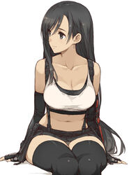  arm_guards bare_shoulders black_eyes black_gloves black_hair black_skirt black_sports_bra black_thighhighs breasts cleavage closed_mouth collarbone commentary crop_top earrings elbow_gloves female final_fantasy final_fantasy_vii final_fantasy_vii_remake fingerless_gloves gloves hair_behind_ear hair_between_eyes jewelry large_breasts light_blush long_hair looking_to_the_side midriff morisawa_haruyuki navel panties panty_peek pleated_skirt single_earring single_sidelock sitting skirt smile solo sports_bra suspender_skirt suspenders swept_bangs tank_top teardrop_earrings thighhighs tifa_lockhart underwear white_background white_panties white_tank_top 